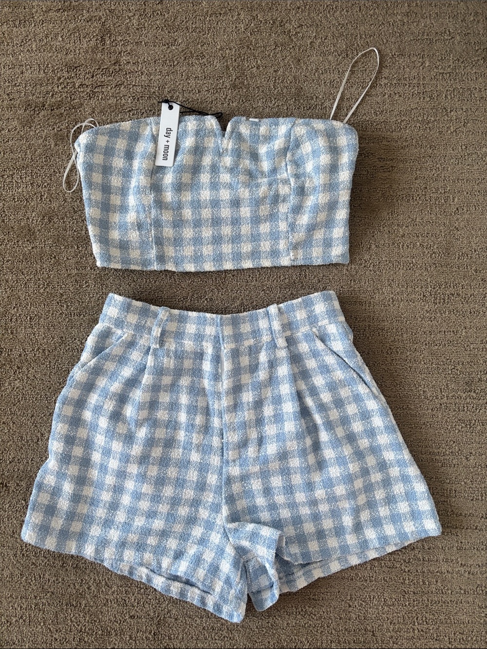 Light Blue Gingham High-Waist Shorts